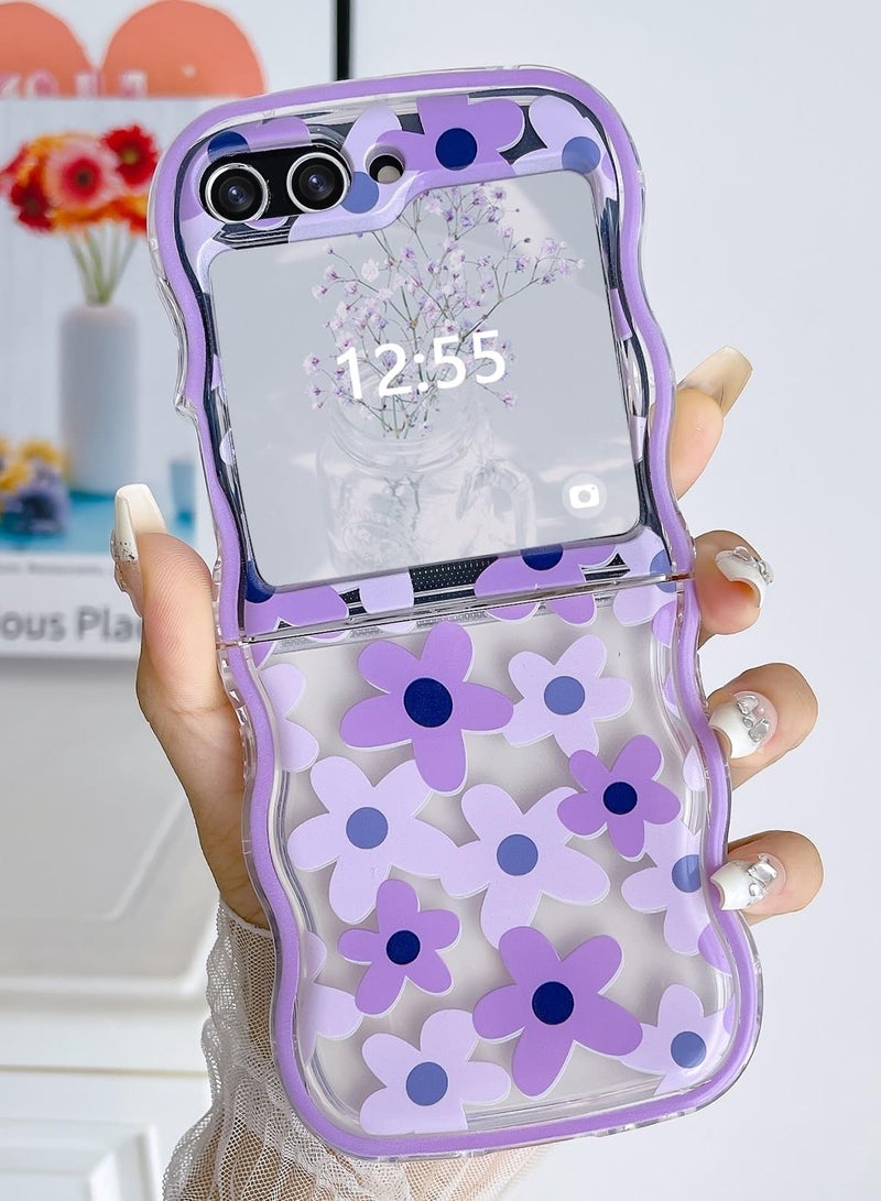 Excefore Designed for Galaxy Z Flip 5 Case, Curly Wave Frame Cute Flower Cover Shockproof Protective Phone Case for Samsung Flip 5 5G, Purple Flower - Image 2