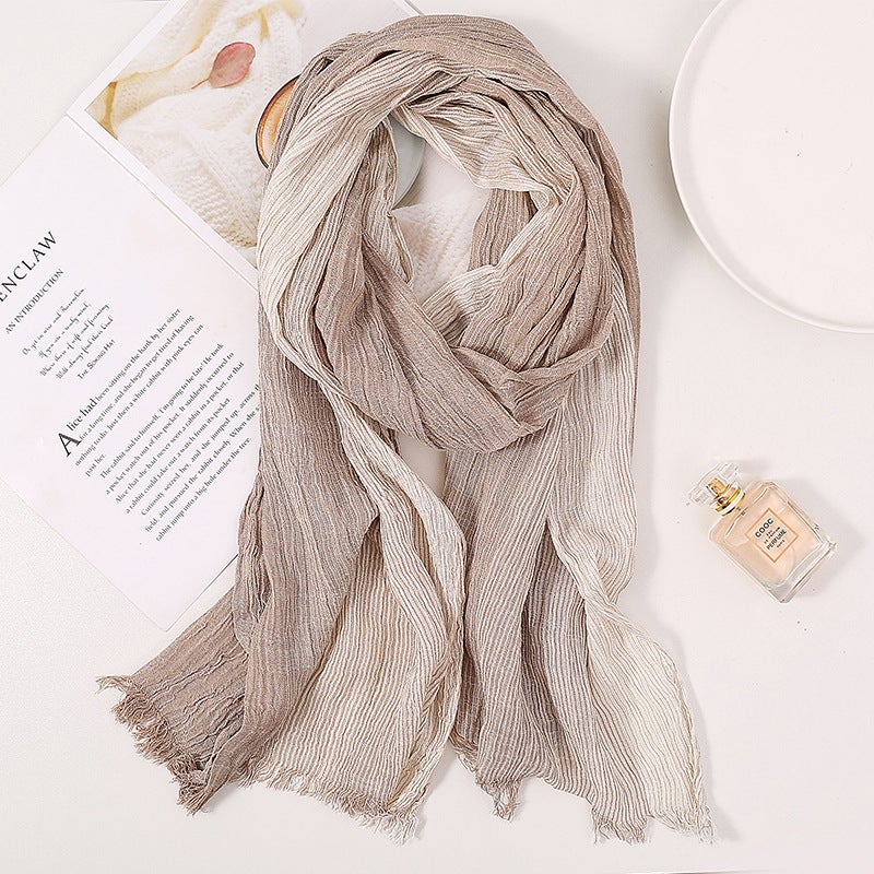 Cotton Linen Scarf Women Long Solid Artistic Gradient Khaki - Image 1