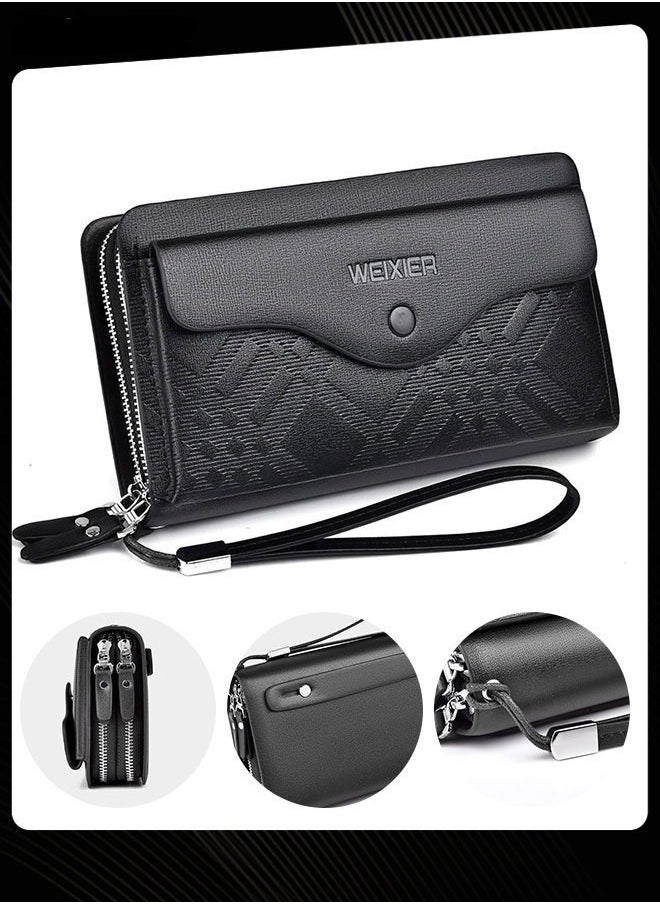 WEIXIER Casual Men's Business Wallet Portable Clutch Bag Pu Waterproof Large Capacity Double Zipper Multi-card Slot Clip Bag for Travel Outdoor Shopping Black  - Image 1