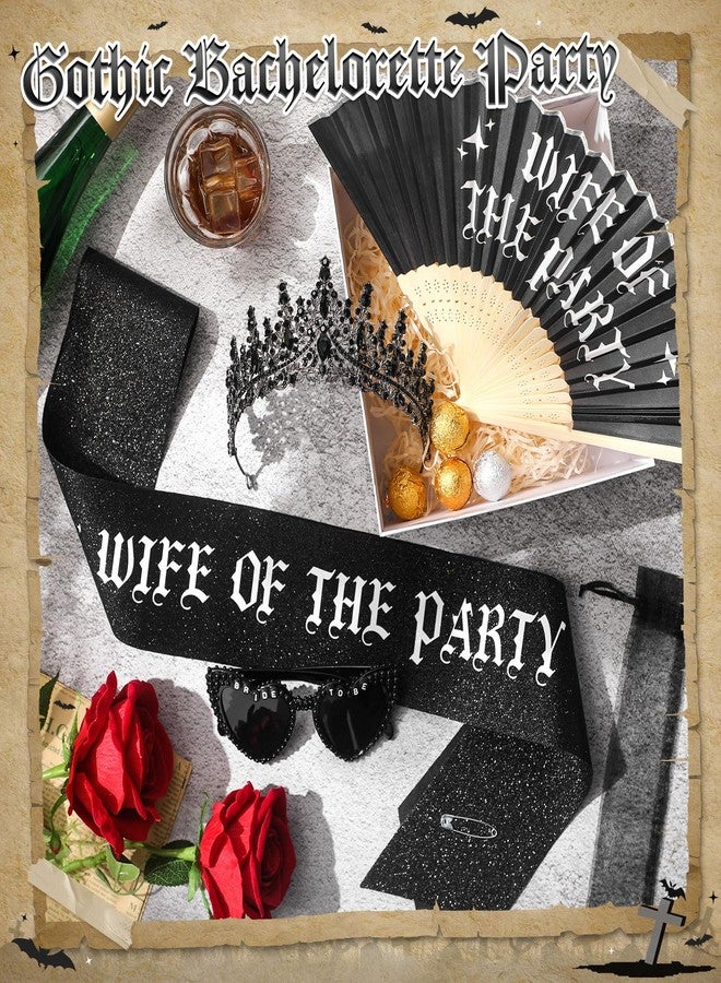 JaGely 4 Pcs Gothic Bachelorette Party Accessories Set, Bride Crystal Crown Sunglasses Sash and Fan for Bridal Shower(Wife of the Party) - Image 2