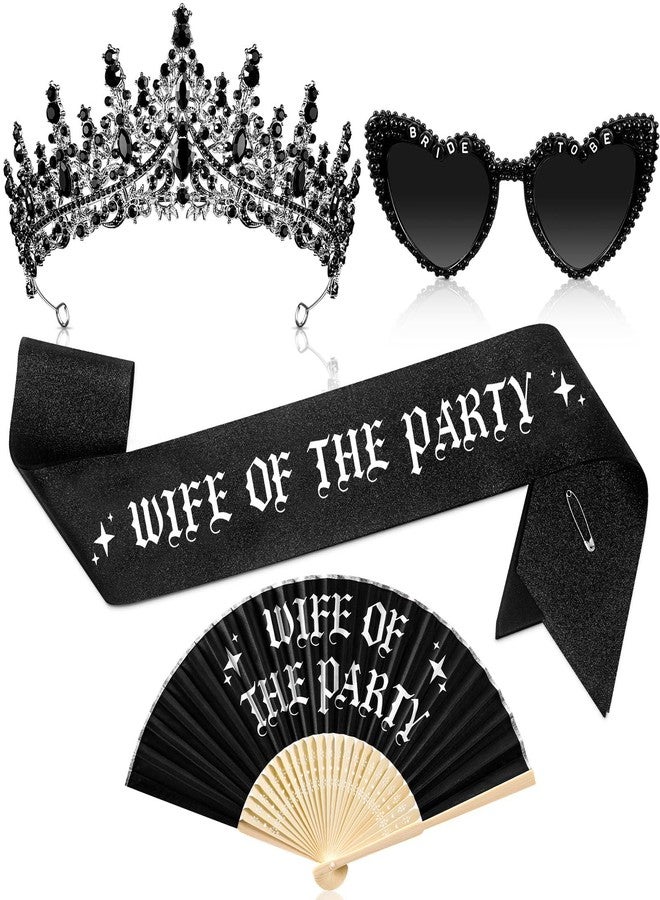 JaGely 4 Pcs Gothic Bachelorette Party Accessories Set, Bride Crystal Crown Sunglasses Sash and Fan for Bridal Shower(Wife of the Party) - Image 1