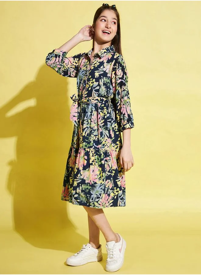 Stylo Bug Floral Print 3/4 Sleeves Dress with Tie Belt by Styli