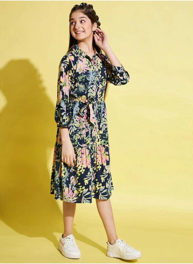 Stylo Bug Floral Print 3/4 Sleeves Dress with Tie Belt by Styli