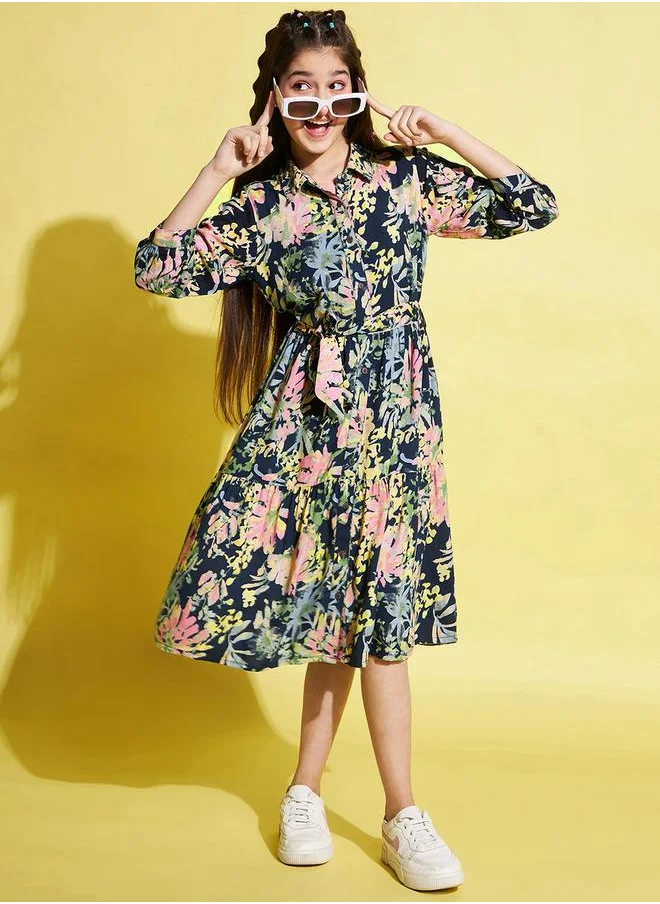 Stylo Bug Floral Print 3/4 Sleeves Dress with Tie Belt by Styli