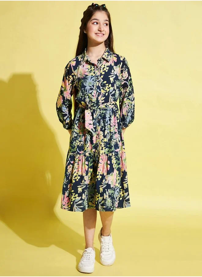 Stylo Bug Floral Print 3/4 Sleeves Dress with Tie Belt by Styli