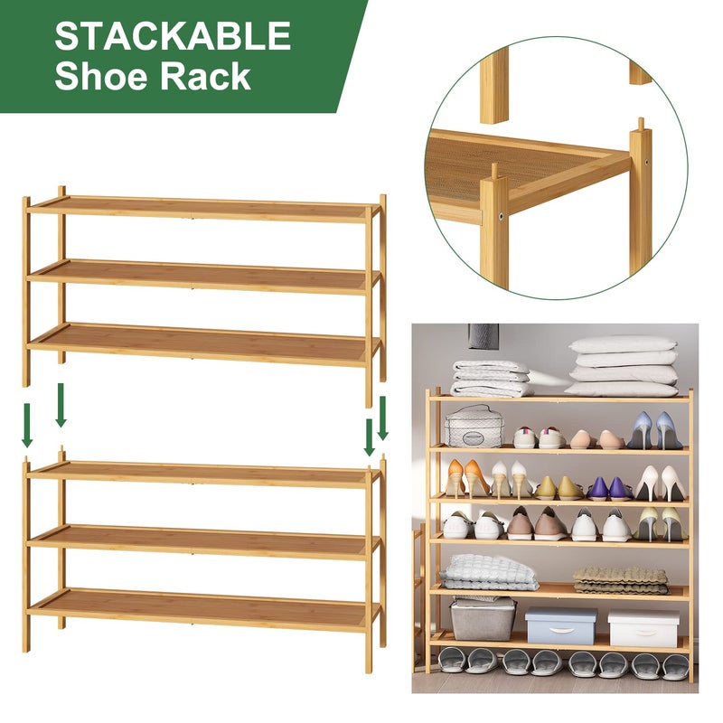 kiplant Long Shoe Rack, Bamboo Wood 3-Tier Shoe Rack for Entryway, Stackable | Foldable | Natural, Shoe Organizer for Hallway Closet, Free Standing Shoe Racks for Indoor Outdoor - Image 5