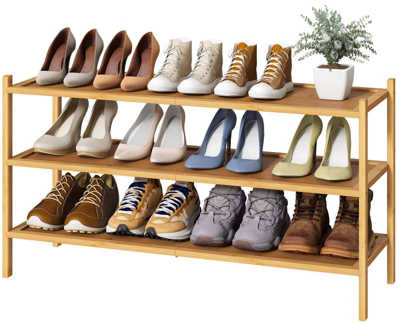 kiplant Long Shoe Rack, Bamboo Wood 3-Tier Shoe Rack for Entryway, Stackable | Foldable | Natural, Shoe Organizer for Hallway Closet, Free Standing Shoe Racks for Indoor Outdoor - Image 1