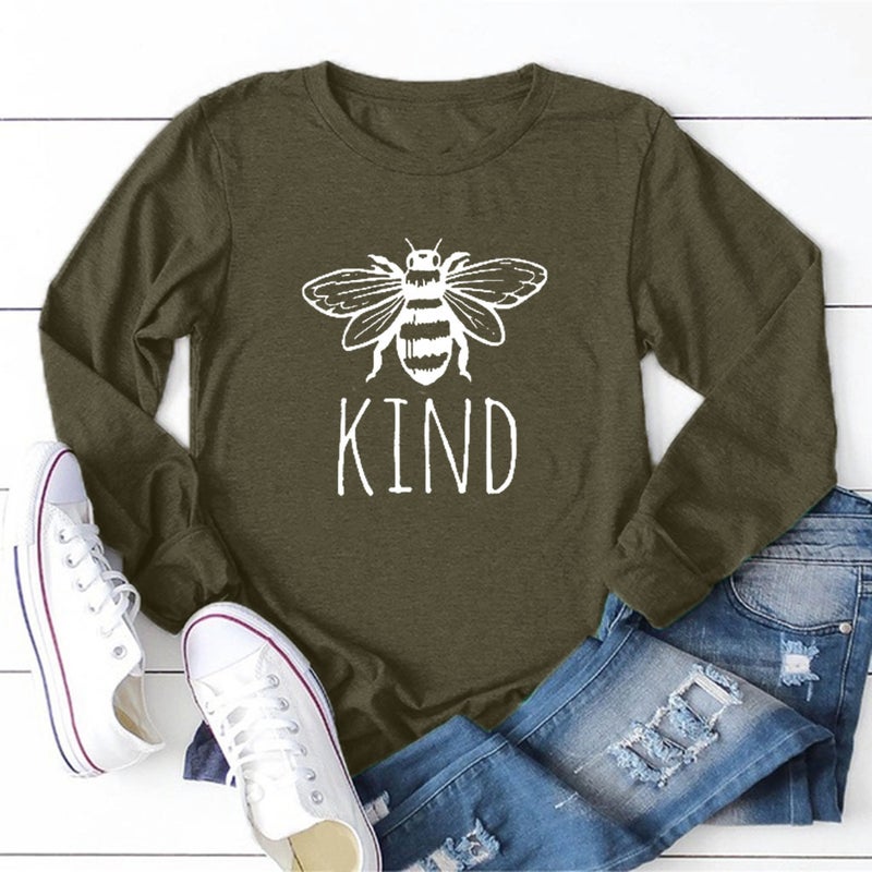 2019Kind Bee Print New Long Sleeve Pullover Women's T-Shirt, Casual Joker Loose T-Shirt - Image 4
