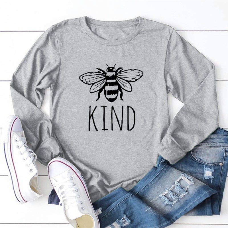 2019Kind Bee Print New Long Sleeve Pullover Women's T-Shirt, Casual Joker Loose T-Shirt - Image 5