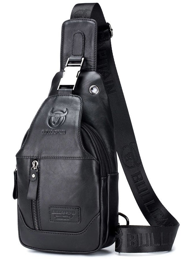 BULLCAPTAIN Genuine Leather Men Sling Backpack Multi Pocket Crossbody Chest Bags Travel Hiking Daypack, Black, 11.01"x6.29"x2.36" - Image 1