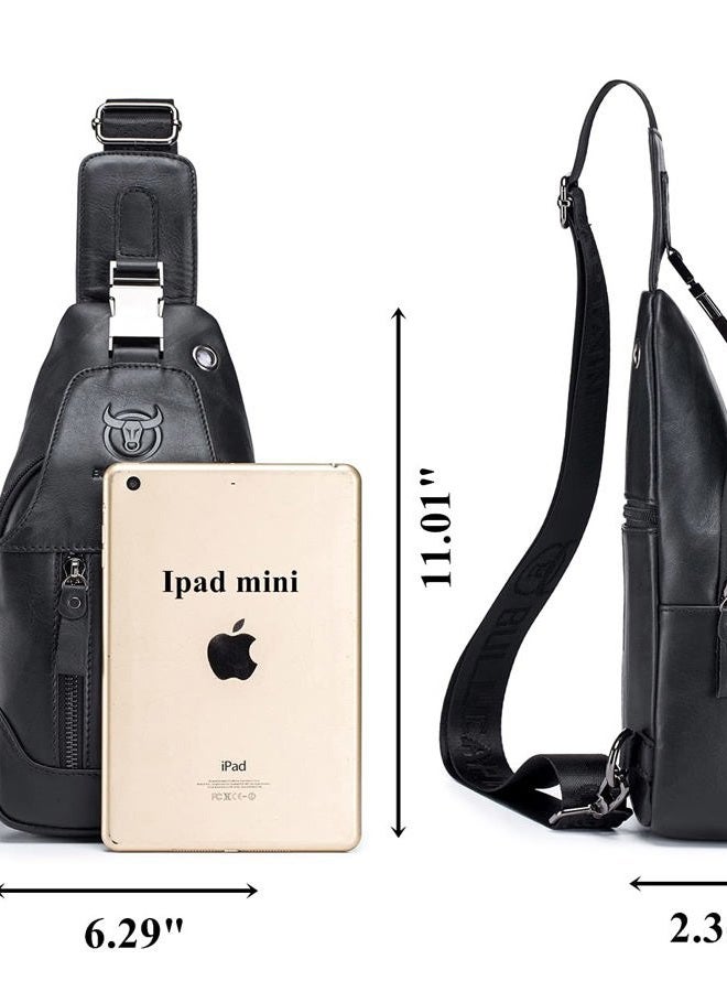 BULLCAPTAIN Genuine Leather Men Sling Backpack Multi Pocket Crossbody Chest Bags Travel Hiking Daypack, Black, 11.01"x6.29"x2.36" - Image 4