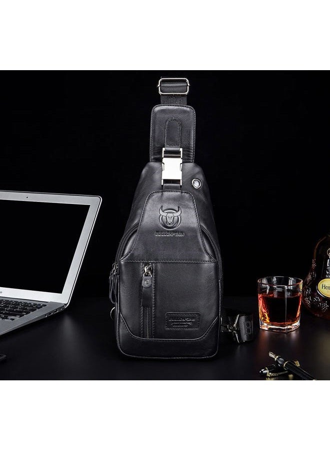 BULLCAPTAIN Genuine Leather Men Sling Backpack Multi Pocket Crossbody Chest Bags Travel Hiking Daypack, Black, 11.01"x6.29"x2.36" - Image 3