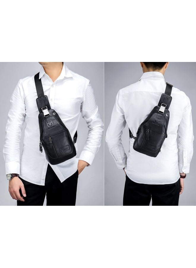 BULLCAPTAIN Genuine Leather Men Sling Backpack Multi Pocket Crossbody Chest Bags Travel Hiking Daypack, Black, 11.01"x6.29"x2.36" - Image 5