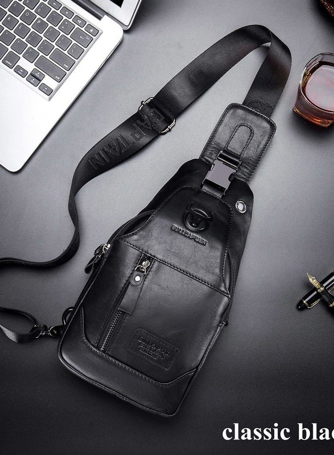 BULLCAPTAIN Genuine Leather Men Sling Backpack Multi Pocket Crossbody Chest Bags Travel Hiking Daypack, Black, 11.01"x6.29"x2.36" - Image 2