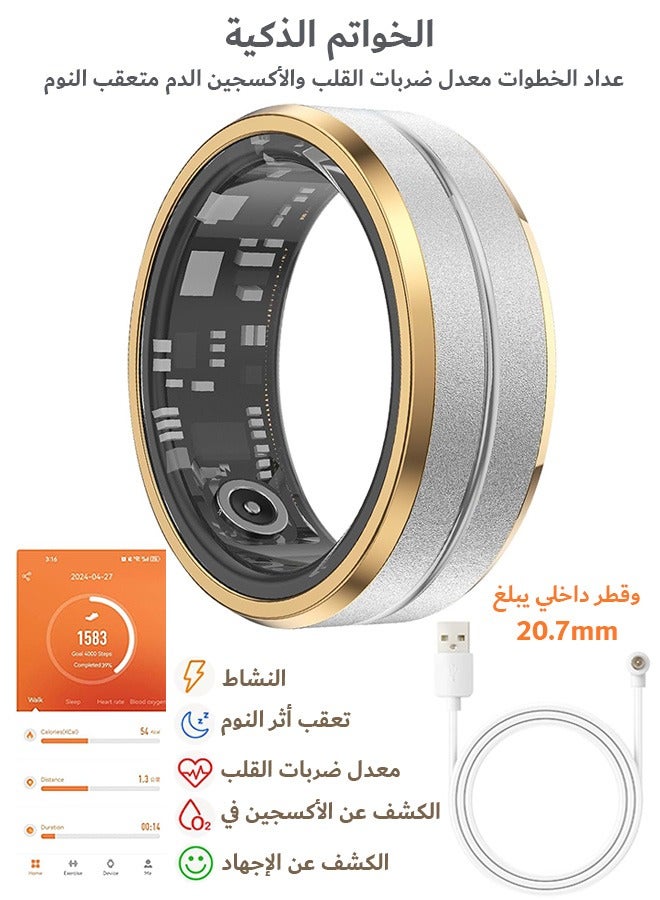 Fitness Tracker Smart Ring for Men Women, Step Counter Heart Rate Oxygen Sleep Tracker Health Ring, Waterproof Long Battery Life Smart Rings Compatible with iOS  Android (Silver + Side Gold, 20 - Image 1