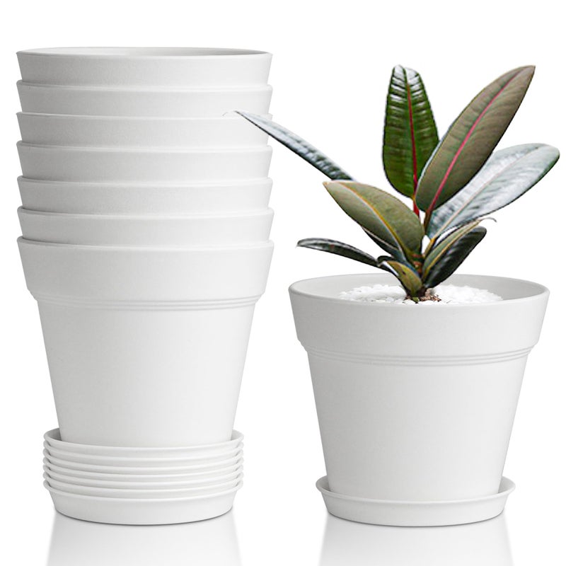 T4U 4 Inch Plant Pots 8-Pack, Small Flower Pots with Drainage Hole and Saucer, Decorative Nursery Pot Bulk for African Violet, Snake Plant, Succulent, Herb and Plants Indoor (8 Pcs 4" Pots, White) - Image 1