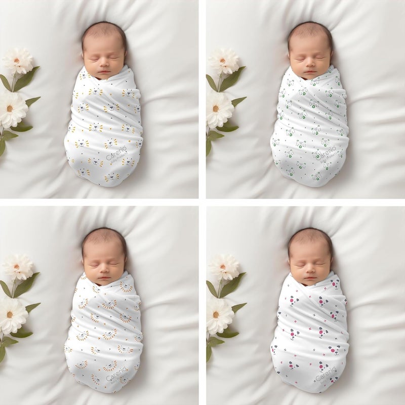 Carerio 100 Cotton Baby Swaddle Set Pack of 4 UltraSoft Breathable Wrap for Newborns MultiPurpose Burp Cloth Nursing Cover Stroller Shade Towel 114x 92cm 018 Months Animal Kingdom - Image 2