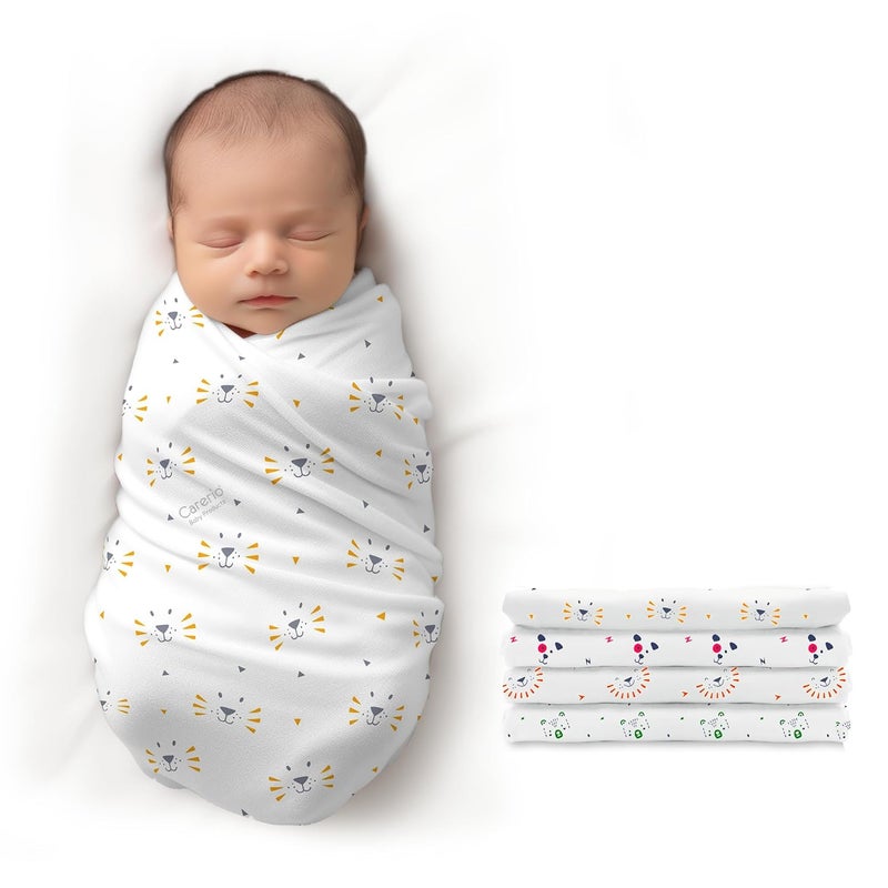 Carerio 100 Cotton Baby Swaddle Set Pack of 4 UltraSoft Breathable Wrap for Newborns MultiPurpose Burp Cloth Nursing Cover Stroller Shade Towel 114x 92cm 018 Months Animal Kingdom - Image 1