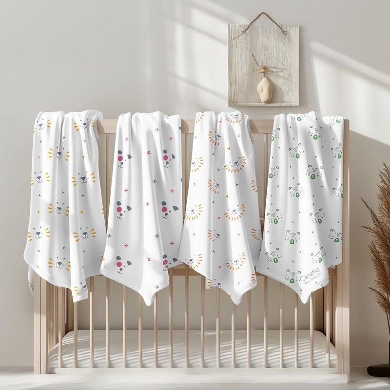 Carerio 100 Cotton Baby Swaddle Set Pack of 4 UltraSoft Breathable Wrap for Newborns MultiPurpose Burp Cloth Nursing Cover Stroller Shade Towel 114x 92cm 018 Months Animal Kingdom - Image 3