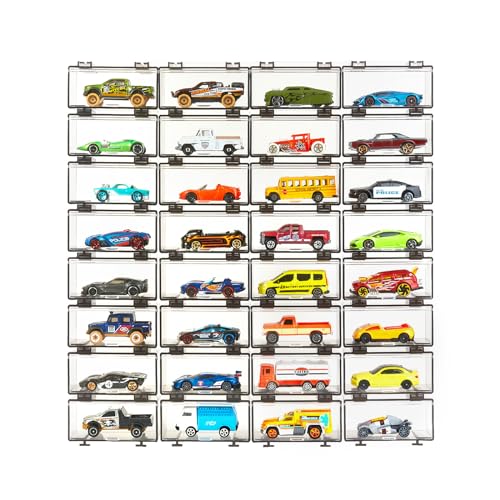 Saichotoy Display Case Compatible with Hot Wheels - Stackable Toy Car Storage, Transparent Organizer for Matchbox 1/64 Scale Diecast Cars (32 Packs, Dark Tint Case Only) - Image 1