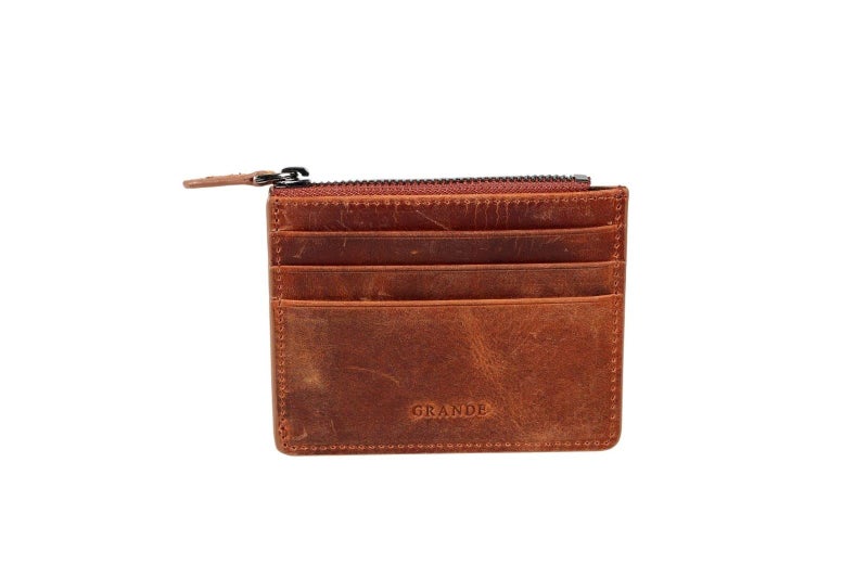 grande 3603 Genuine Leather Card Holder For Women and Men Slim Minimalist Small Zipper Wallet CHOCOLATE BROWN - Image 2
