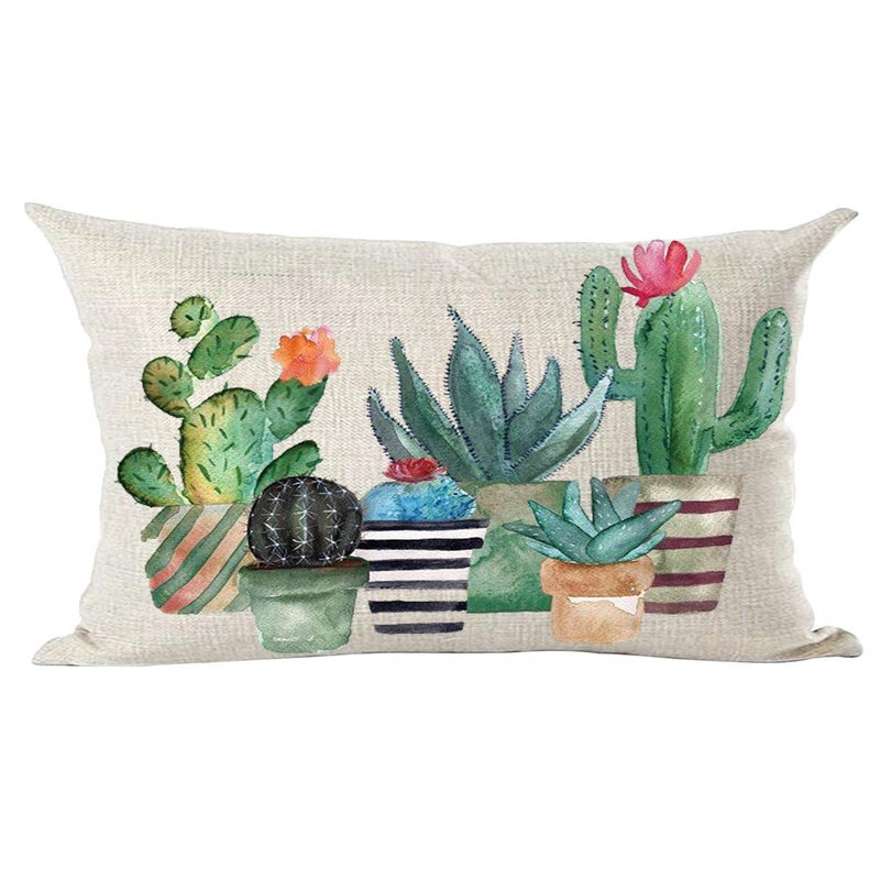 Ramirar Ink Oil Painting Watercolor Green Blue Cactus Potted Plants Summer Decorative Lumbar Throw Pillow Cover Case Home Living Room Bed Sofa Car Cotton Linen Rectangular 12 x 20 Inches