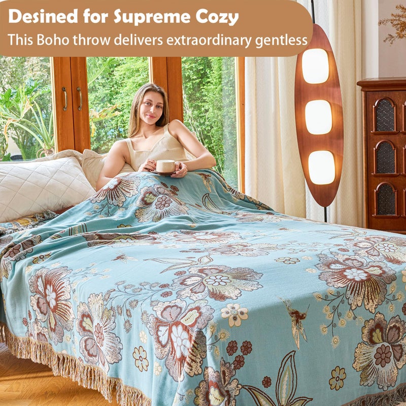 VANJOROY Boho Throw Blanket 60" x 80", 100% Organic Cotton Breathable Skin-Friendly Ultra Soft Bed Quilt Blue Throw - Floral Rustic Decor Luxury Reversible Blanket for Sofa Couch Chair and Gift, - Image 4