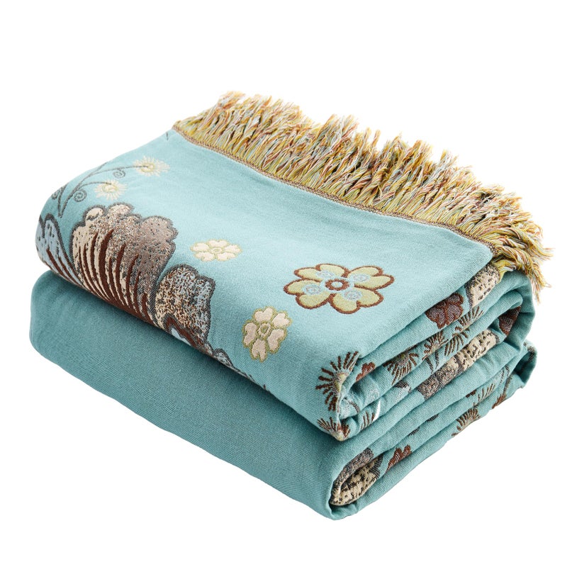 VANJOROY Boho Throw Blanket 60" x 80", 100% Organic Cotton Breathable Skin-Friendly Ultra Soft Bed Quilt Blue Throw - Floral Rustic Decor Luxury Reversible Blanket for Sofa Couch Chair and Gift, - Image 1
