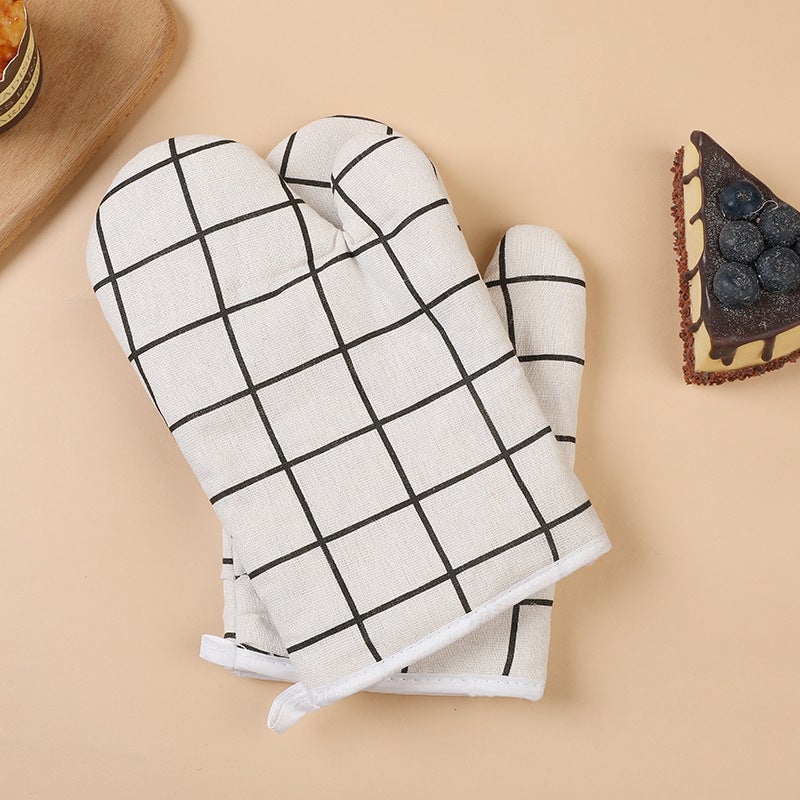 Cotton Linen Oven Mitts Heat Resistant Gloves White Plaid White Plaid