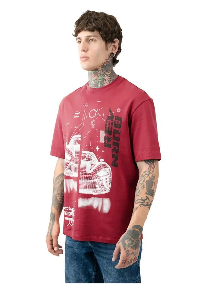 HIGH STAR Relaxed Fit Maroon 100% Cotton Printed Half Sleeves Knitted T-Shirt with Slip-on Closure Regular Length Flat Collar Round Neck - Ideal for Casual - A Must-Have for Your Wardrobe!