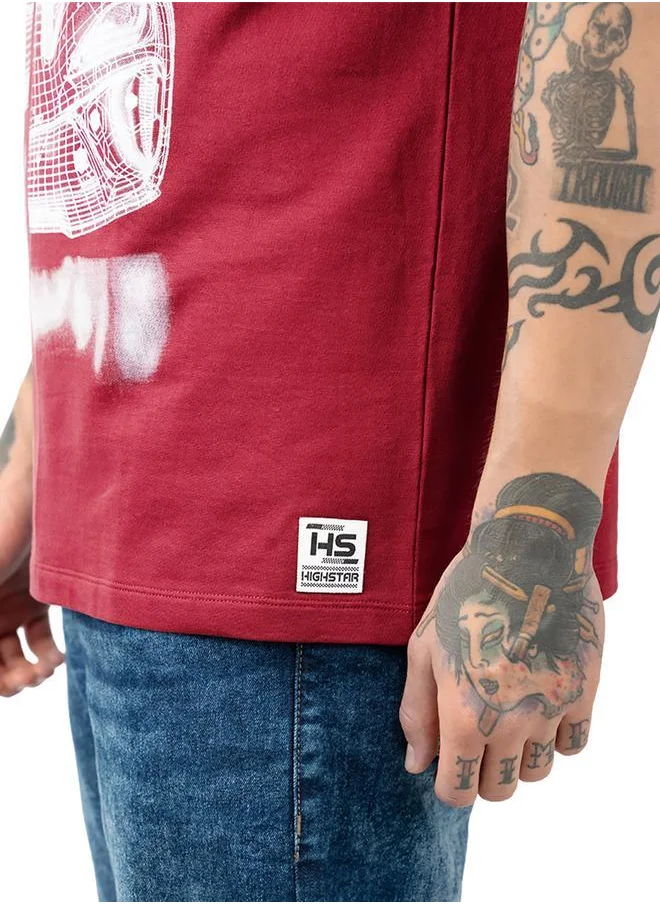 HIGH STAR Relaxed Fit Maroon 100% Cotton Printed Half Sleeves Knitted T-Shirt with Slip-on Closure Regular Length Flat Collar Round Neck - Ideal for Casual - A Must-Have for Your Wardrobe!
