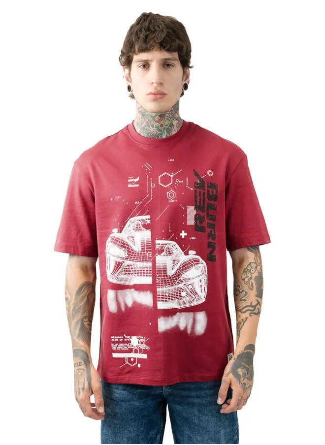 HIGH STAR Relaxed Fit Maroon 100% Cotton Printed Half Sleeves Knitted T-Shirt with Slip-on Closure Regular Length Flat Collar Round Neck - Ideal for Casual - A Must-Have for Your Wardrobe!