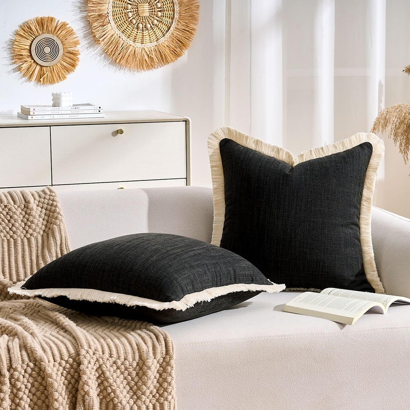 KWLET Boho Throw Pillow Covers 16x16 Black Decorative Faux Linen Fringe Pillowcase Farmhouse Pillow Covers with Tassels Soft Accent Pillowcase for Couch Sofa Bed Living Room Home Decor Set of 2 - Image 2