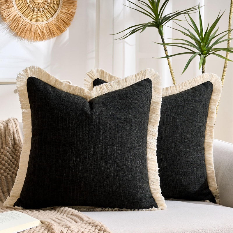 KWLET Boho Throw Pillow Covers 16x16 Black Decorative Faux Linen Fringe Pillowcase Farmhouse Pillow Covers with Tassels Soft Accent Pillowcase for Couch Sofa Bed Living Room Home Decor Set of 2 - Image 1