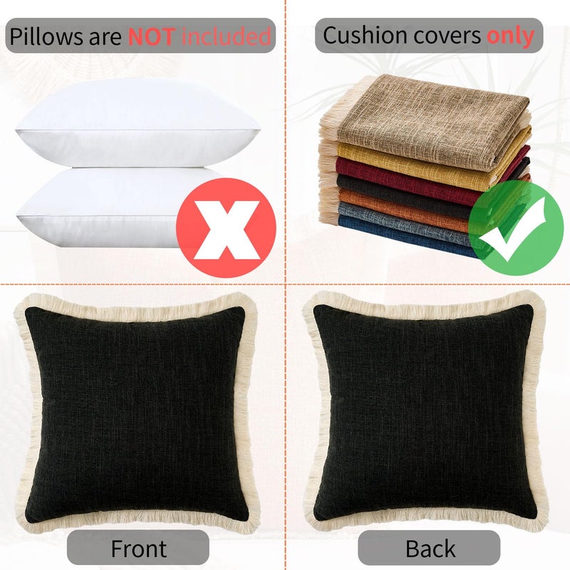 KWLET Boho Throw Pillow Covers 16x16 Black Decorative Faux Linen Fringe Pillowcase Farmhouse Pillow Covers with Tassels Soft Accent Pillowcase for Couch Sofa Bed Living Room Home Decor Set of 2 - Image 5