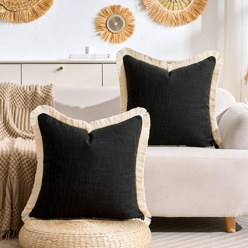 KWLET Boho Throw Pillow Covers 16x16 Black Decorative Faux Linen Fringe Pillowcase Farmhouse Pillow Covers with Tassels Soft Accent Pillowcase for Couch Sofa Bed Living Room Home Decor Set of 2 - Image 3
