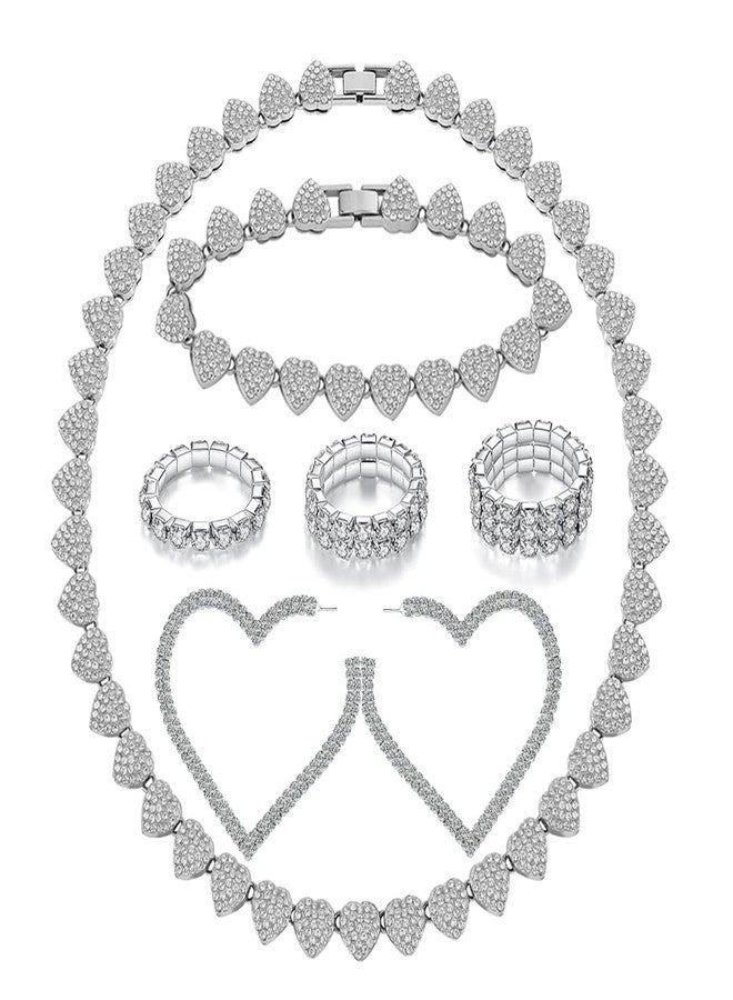 KOSMOS-LI Bling Cuban Link Chain Necklace Bracelets Rhinestone Hoop Earrings For Women Jewelry(F26060heart) - Image 1