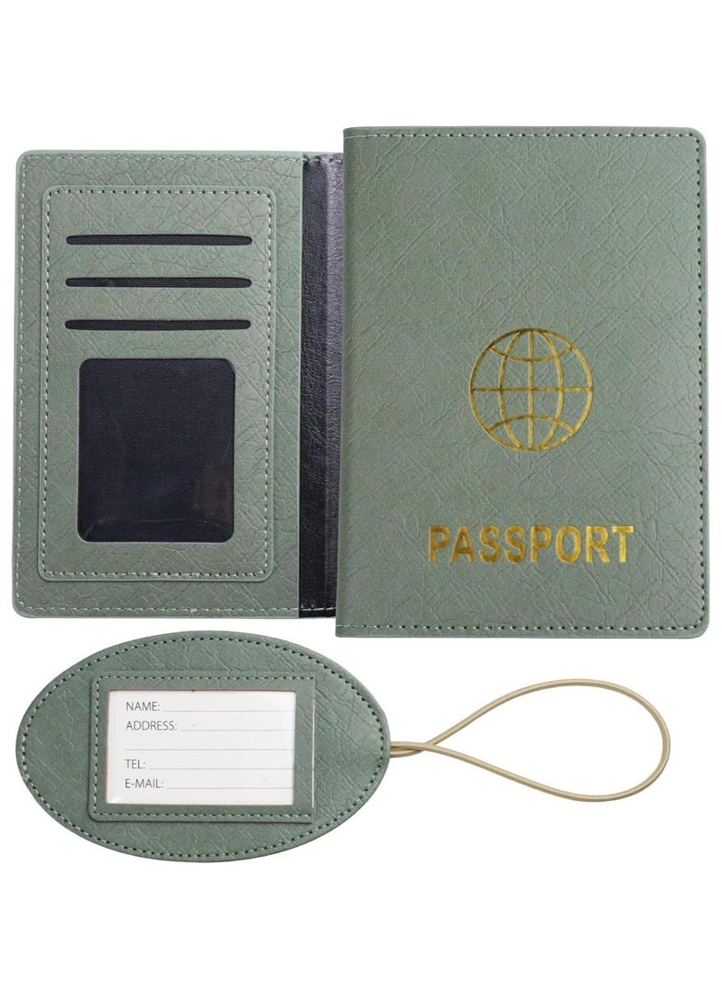 Barakah مجموعة غلاف جواز السفر وعلامة الأمتعة حافظة جواز سفر من جلد PU محفظة سفر ملصقات الأمتعة للحقائب حقيبة تنظيم مستندات السفر الواقية للنساء والرجال بطاقة ائتمان (أخضر) - Image 1