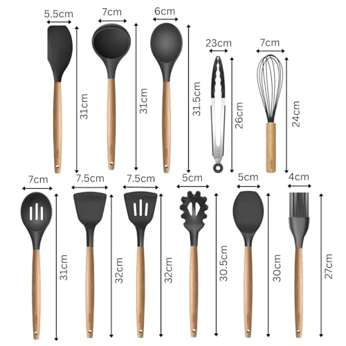 DecorTwist Silicone Spatula Set for Cooking – 12 Piece Kitchen Utensils Set with Wooden Handle | Heat Resistant 230°C | BPA Free, Food Grade, Non-Stick & Dishwasher Safe | Black - Image 2