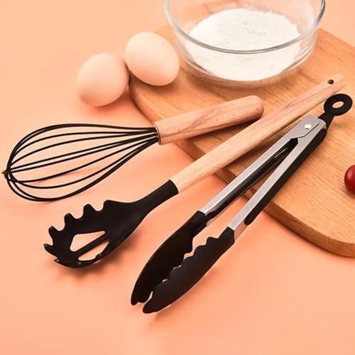 DecorTwist Silicone Spatula Set for Cooking – 12 Piece Kitchen Utensils Set with Wooden Handle | Heat Resistant 230°C | BPA Free, Food Grade, Non-Stick & Dishwasher Safe | Black - Image 3