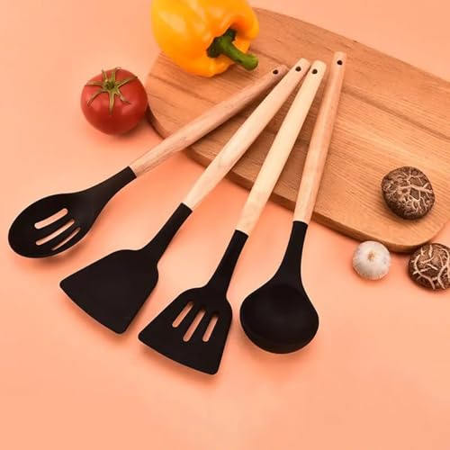 DecorTwist Silicone Spatula Set for Cooking – 12 Piece Kitchen Utensils Set with Wooden Handle | Heat Resistant 230°C | BPA Free, Food Grade, Non-Stick & Dishwasher Safe | Black - Image 4