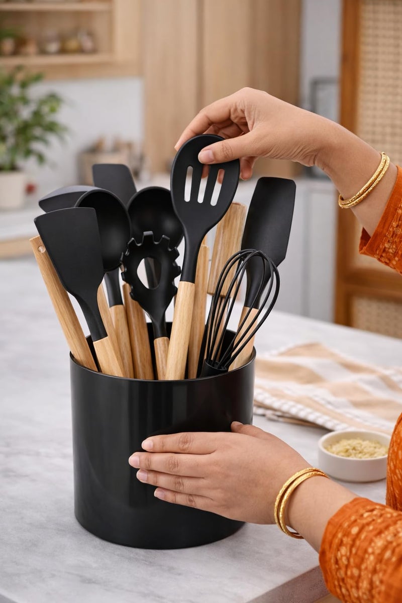 DecorTwist Silicone Spatula Set for Cooking – 12 Piece Kitchen Utensils Set with Wooden Handle | Heat Resistant 230°C | BPA Free, Food Grade, Non-Stick & Dishwasher Safe | Black - Image 1