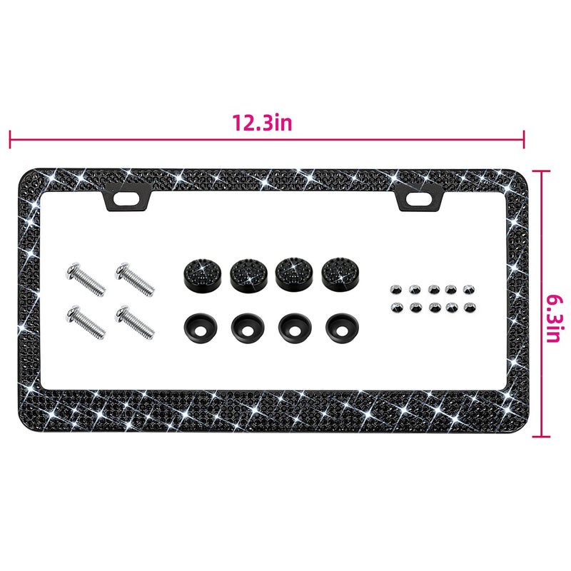 EWBN Bling Rhinestone License Plate Frame for Women 2PC, Sparkly Stainless Steel Frames & Over 1200 pcs Finest 14 Facets Black Glass Crystals Premium Diamond+GiftBox(Black) - Image 3