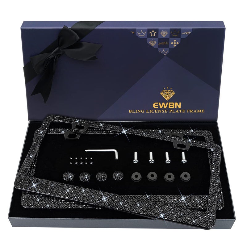 EWBN Bling Rhinestone License Plate Frame for Women 2PC, Sparkly Stainless Steel Frames & Over 1200 pcs Finest 14 Facets Black Glass Crystals Premium Diamond+GiftBox(Black) - Image 1