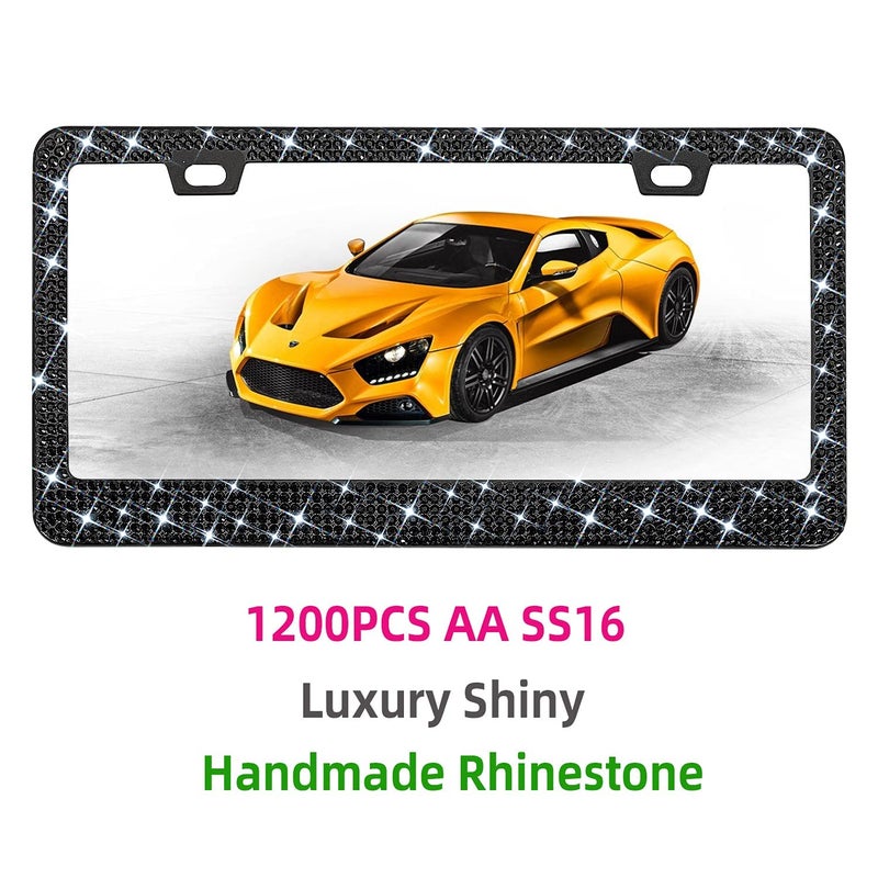 EWBN Bling Rhinestone License Plate Frame for Women 2PC, Sparkly Stainless Steel Frames & Over 1200 pcs Finest 14 Facets Black Glass Crystals Premium Diamond+GiftBox(Black) - Image 2