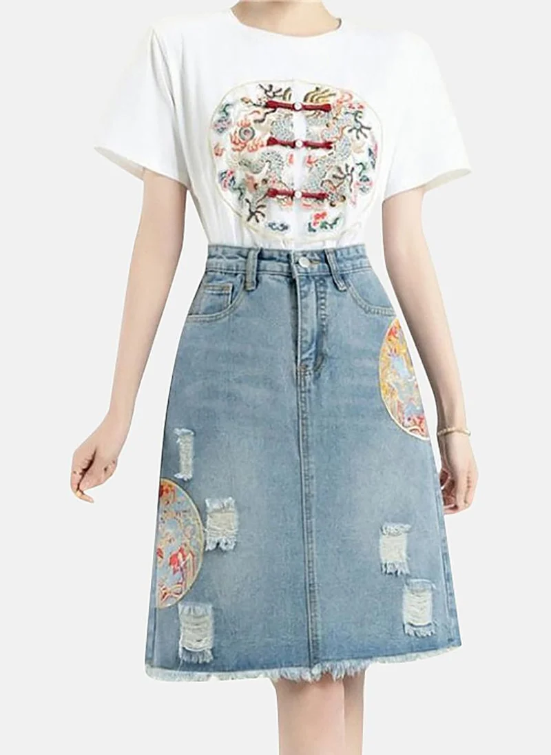 YUNIQEE Blue A-Line Printed Midi Skirt