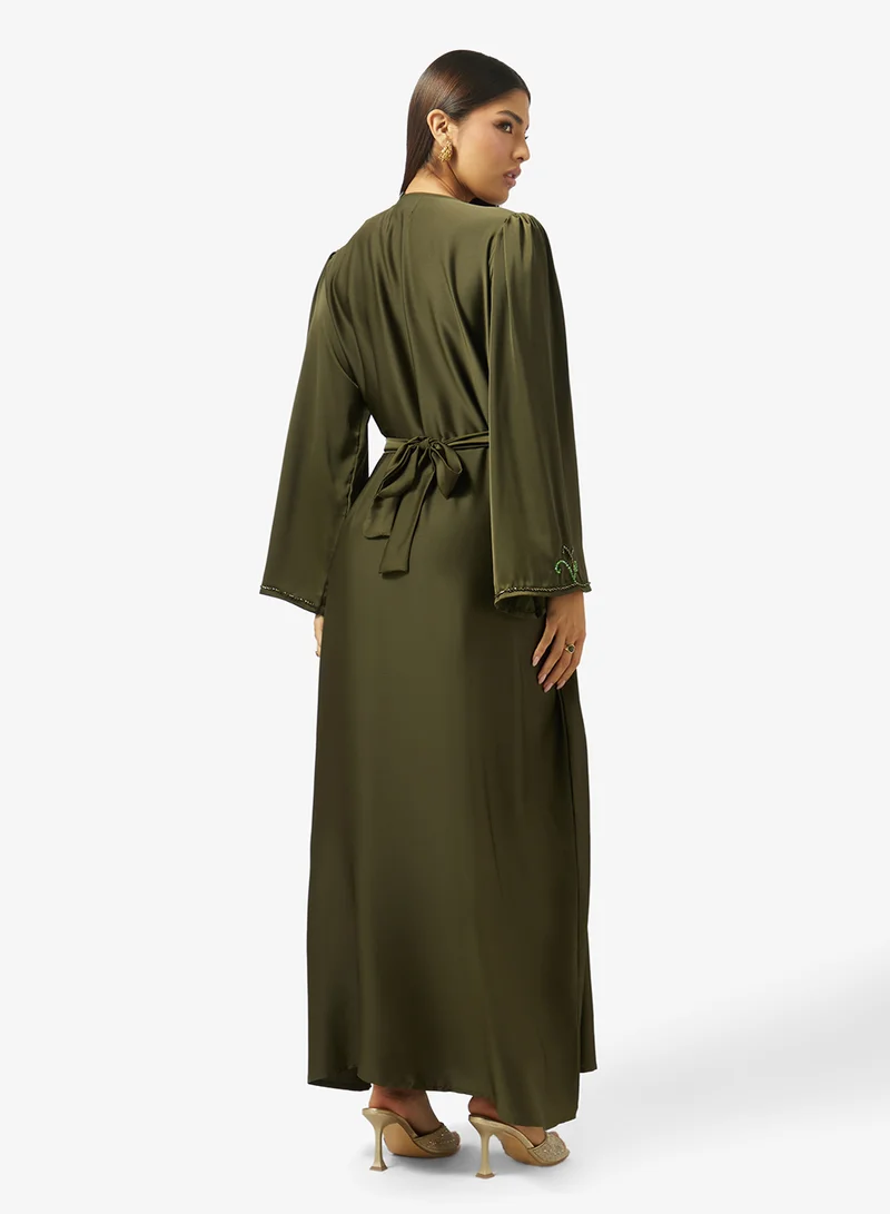 hayas closet Floral Stone Embroidery Work At Front Section And Belt Jalabiya