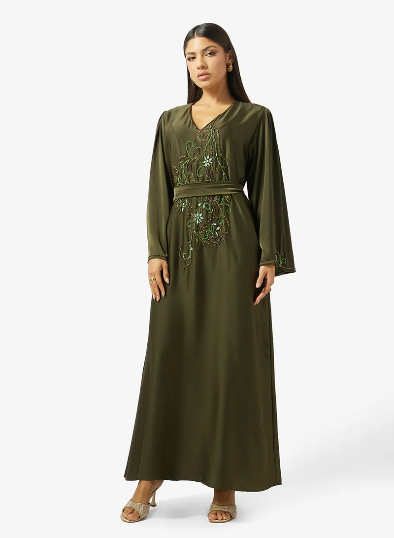 Floral Stone Embroidery Work At Front Section And Belt Jalabiya