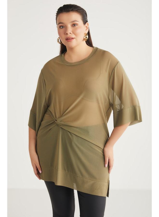 Ethiquet Yukınbb Women's Drape-Detail Mesh Fabric Round Neck Khaki Plus-Size Tunic. - Image 1