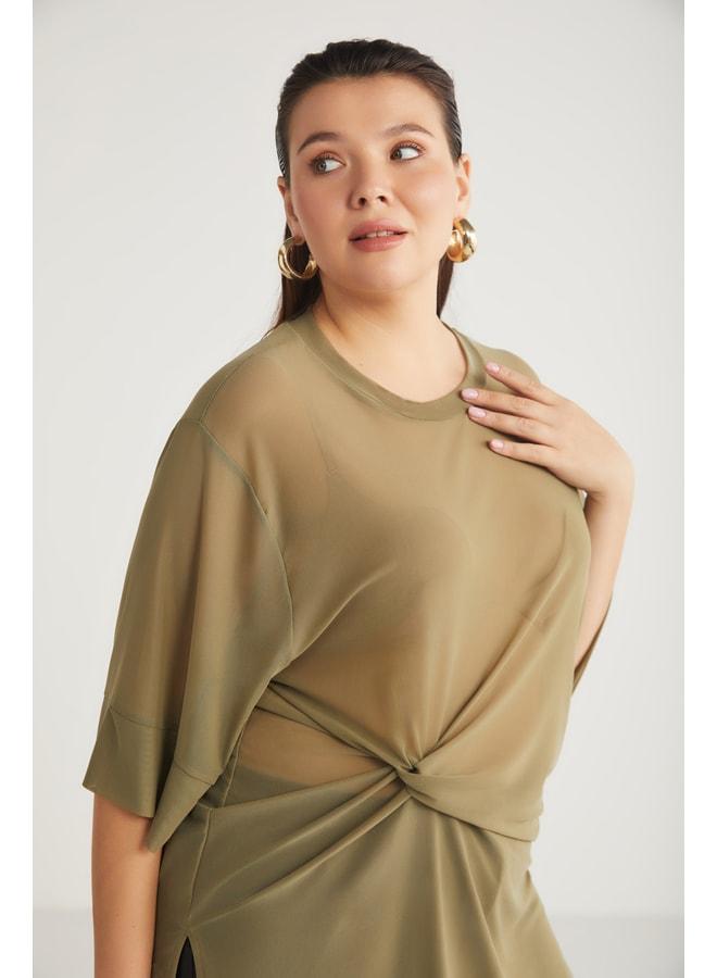 Ethiquet Yukınbb Women's Drape-Detail Mesh Fabric Round Neck Khaki Plus-Size Tunic. - Image 3